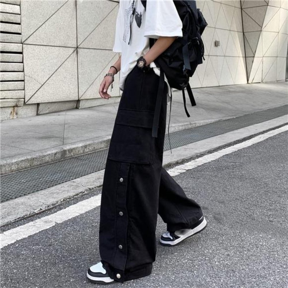 Women's Cargo Pants with Pockets Side Slit Baggy Streetwear Y2K Pants - Picture 6 of 7